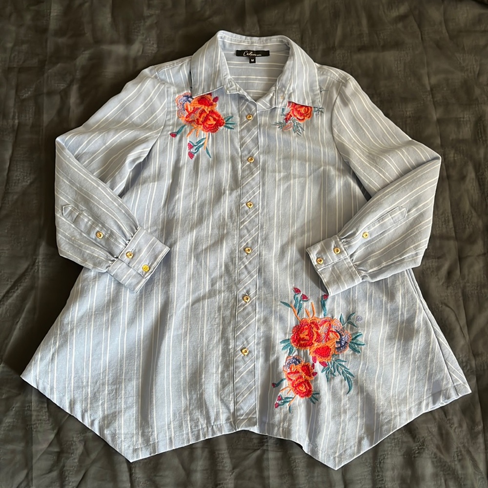 Caleoos Flowy Pinstripe Button-Up Tunic with Embroidered Flowers